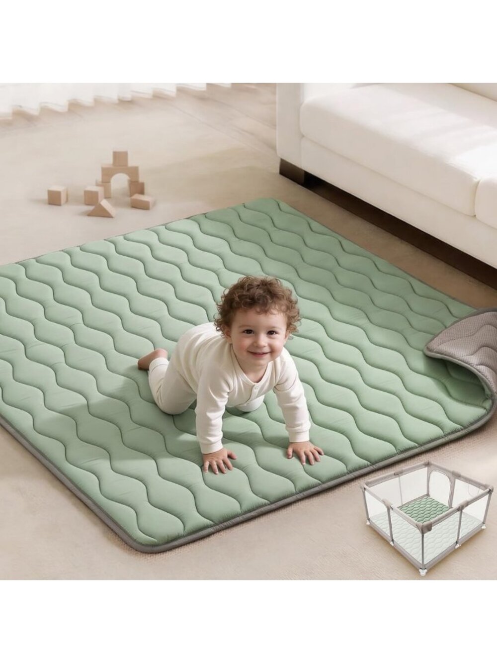 Cozy Baby Play Mat 50x50, Thick Foam Padding, Non-Slip, Machine Washable, Sage